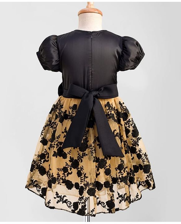 Pine Kids Woven Half Sleeves Party Gown With Floral Embroidery & Bow Applique - Black