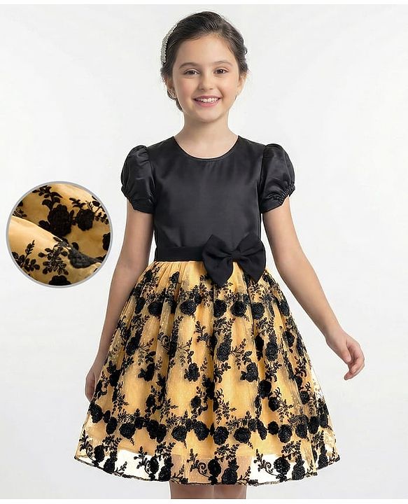 Pine Kids Woven Half Sleeves Party Gown With Floral Embroidery & Bow Applique - Black