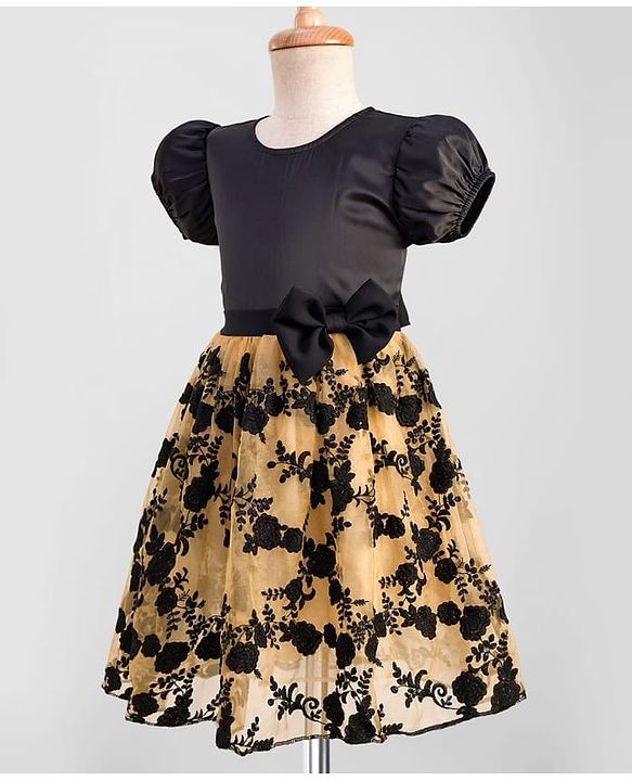 Pine Kids Woven Half Sleeves Party Gown With Floral Embroidery & Bow Applique - Black