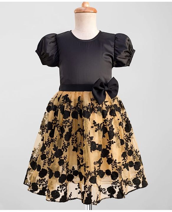 Pine Kids Woven Half Sleeves Party Gown With Floral Embroidery & Bow Applique - Black