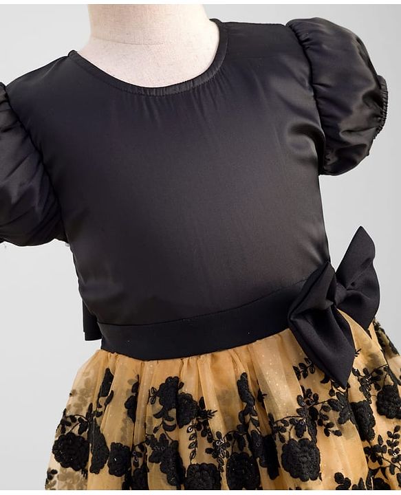 Pine Kids Woven Half Sleeves Party Gown With Floral Embroidery & Bow Applique - Black