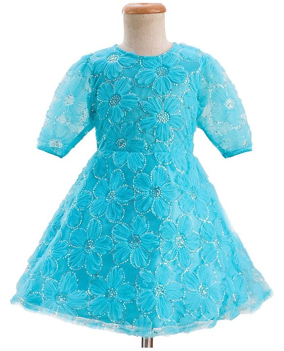 Pine Kids Woven Half Sleeves Party Dress With Floral Embroidery & Sequin Detailing - Light Blue