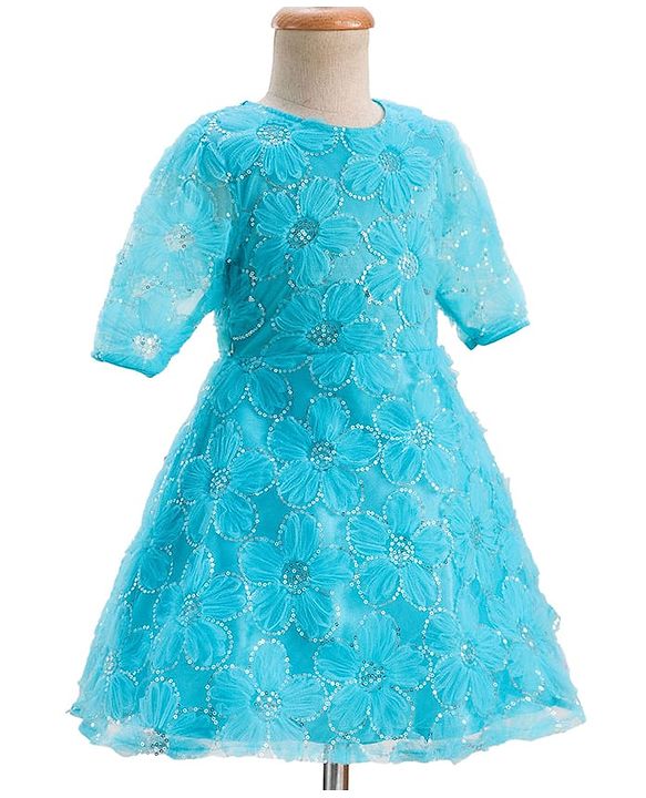 Pine Kids Woven Half Sleeves Party Dress With Floral Embroidery & Sequin Detailing - Light Blue