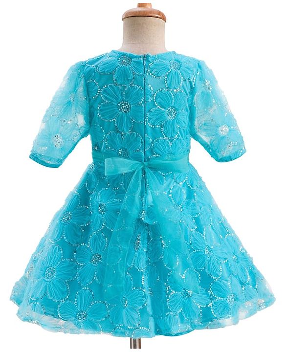 Pine Kids Woven Half Sleeves Party Dress With Floral Embroidery & Sequin Detailing - Light Blue