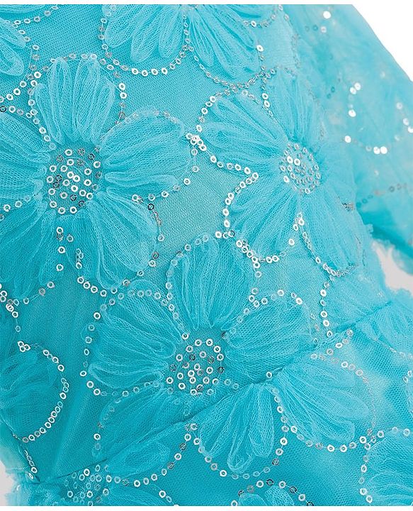 Pine Kids Woven Half Sleeves Party Dress With Floral Embroidery & Sequin Detailing - Light Blue