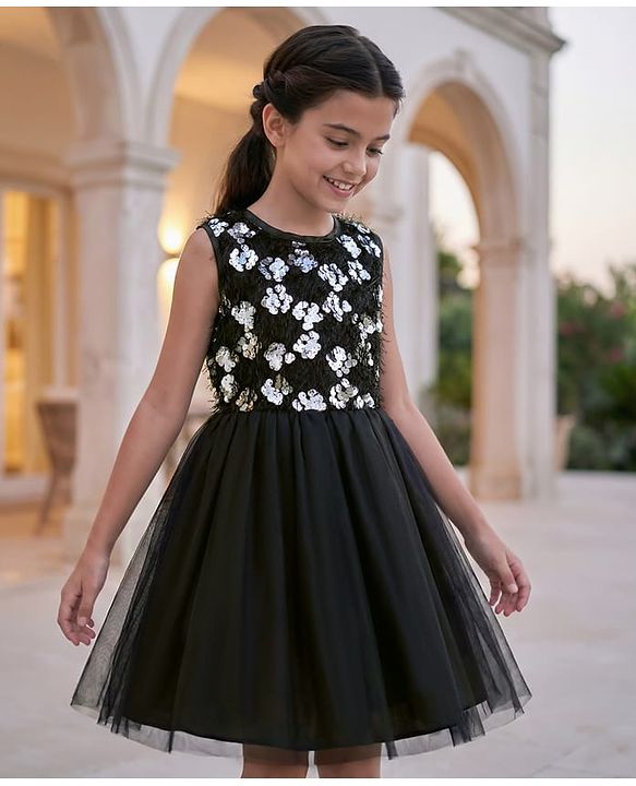 Pine Kids Knit Sleeveless Flared Party Dress with Sequin Detailing - Black