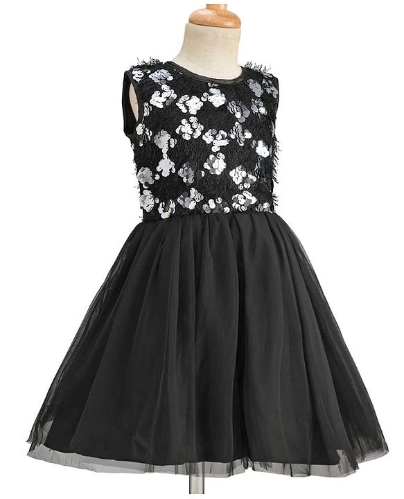 Pine Kids Knit Sleeveless Flared Party Dress with Sequin Detailing - Black