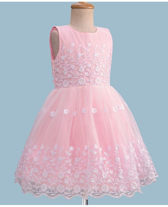 Pine Kids Knit Sleeveless Flared Party Dress with Floral Embroidery - Pink