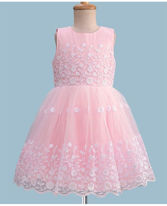Pine Kids Knit Sleeveless Flared Party Dress with Floral Embroidery - Pink