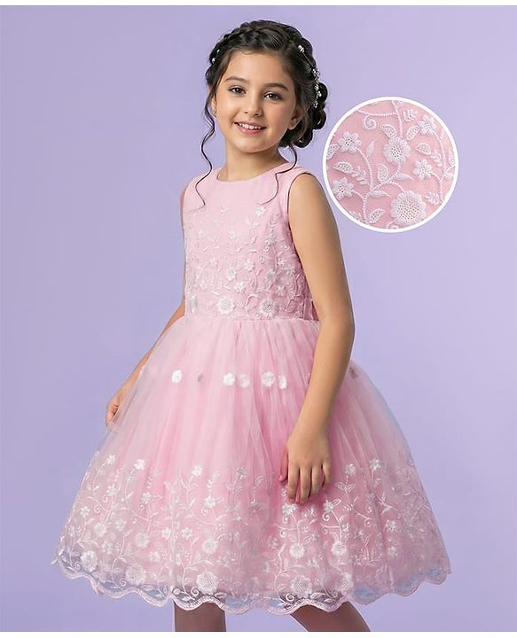 Pine Kids Knit Sleeveless Flared Party Dress with Floral Embroidery - Pink