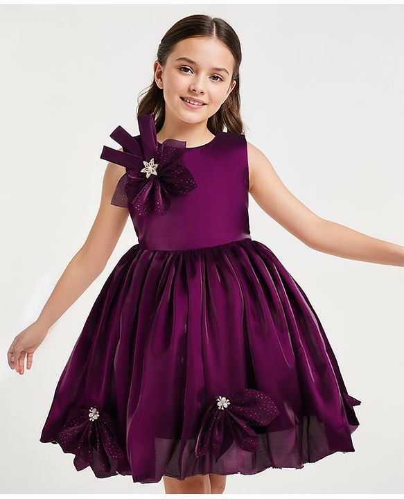 Pine Kids Woven Sleeveless Party Dress with Floral Applique - Dark Purple