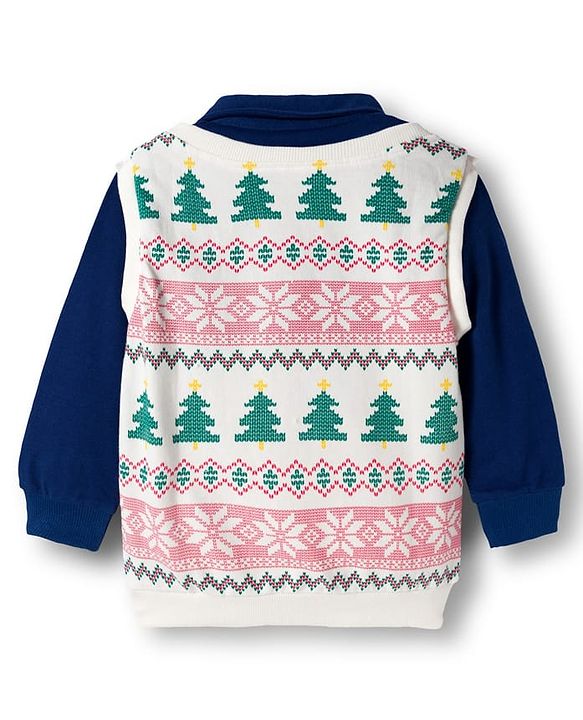 Babyhug Cotton Knit Full Sleeves Overlapped Sweatshirt with Floral & Christmas Theme Print - Navy Blue & White