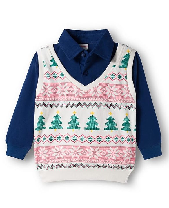 Babyhug Cotton Knit Full Sleeves Overlapped Sweatshirt with Floral & Christmas Theme Print - Navy Blue & White