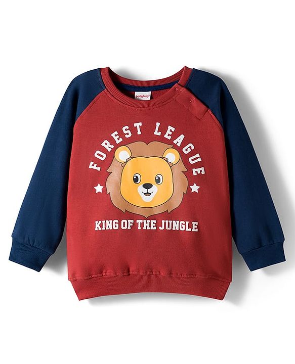 Babyhug Cotton Knit Full Raglan Sleeves Sweatshirt With Lion Print - Dark Red