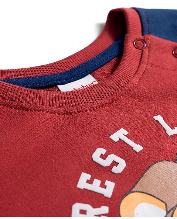 Babyhug Cotton Knit Full Raglan Sleeves Sweatshirt With Lion Print - Dark Red