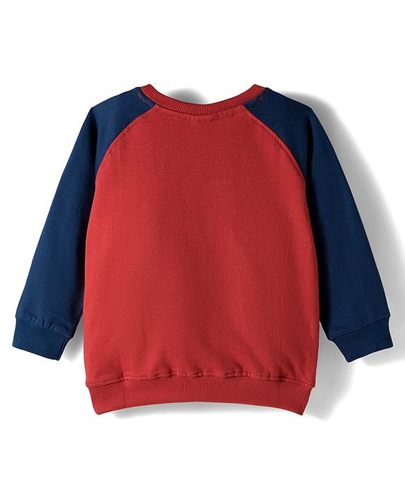 Babyhug Cotton Knit Full Raglan Sleeves Sweatshirt With Lion Print - Dark Red