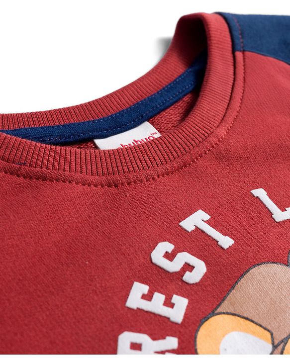 Babyhug Cotton Knit Full Raglan Sleeves Sweatshirt With Lion Print - Dark Red