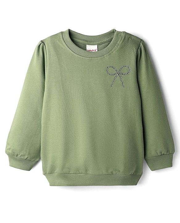 Babyhug Cotton Knit Full Sleeves Sweatshirt With Rhinestone Detailing - Green