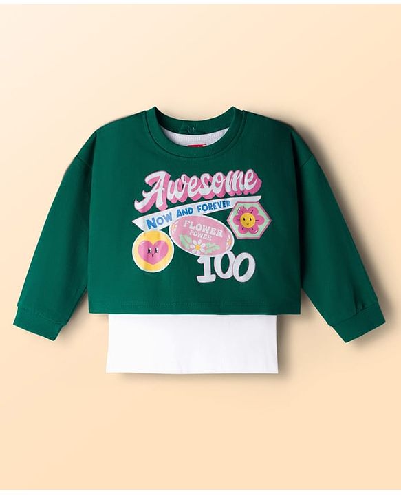 Babyhug Cotton Knit Full Sleeves Sweatshirt With Floral Print & Inner Tee - Green