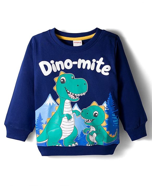 Babyhug Cotton Knit Full Sleeves Sweatshirt with Dino Print - Navy Blue
