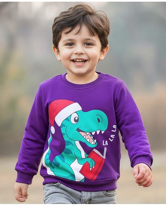 Babyhug Cotton Knit Full Sleeves Sweatshirt With Dino Print - Purple