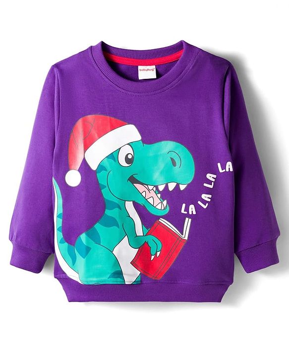 Babyhug Cotton Knit Full Sleeves Sweatshirt With Dino Print - Purple