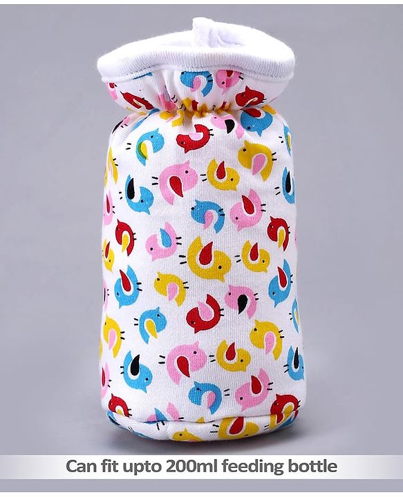 Babyhug Feeding Bottle Cotton Cover With Elastic Neck Bird Print Medium - White - Fits Upto 200 ml Bottle