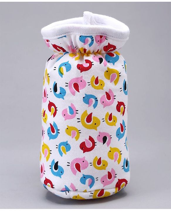 Babyhug Feeding Bottle Cotton Cover With Elastic Neck Bird Print Medium - White - Fits Upto 200 ml Bottle