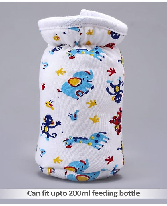 Babyhug Feeding Bottle Cotton Cover With Elastic Neck Animal Print Medium - White