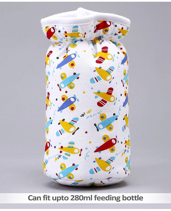 Babyhug Feeding Bottle Cotton Cover With Elastic Neck Aeroplane Print Large - White - Fits Upto 280 ml Bottle
