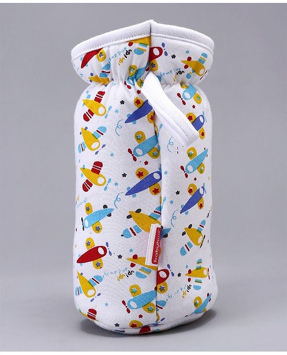 Babyhug Feeding Bottle Cotton Cover With Elastic Neck Aeroplane Print Large - White - Fits Upto 280 ml Bottle