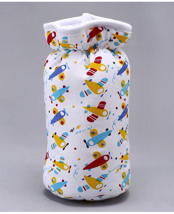 Babyhug Feeding Bottle Cotton Cover With Elastic Neck Aeroplane Print Large - White - Fits Upto 280 ml Bottle