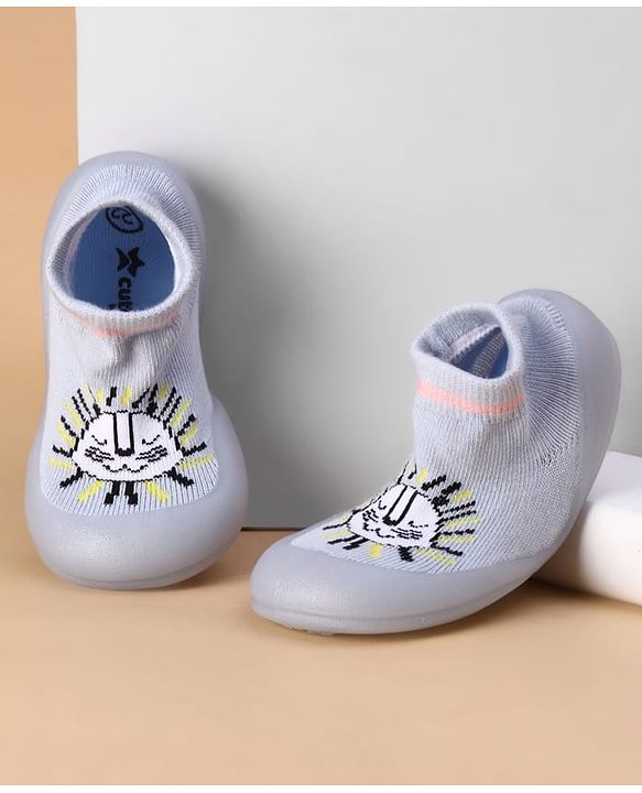 Cute Walk by Babyhug Slip on Sock Shoes with Kitty Embroidery - Blue