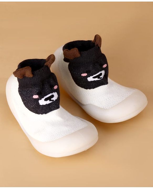 Cute Walk by Babyhug Slip On Sock Shoes With Animal Design & Applique - White