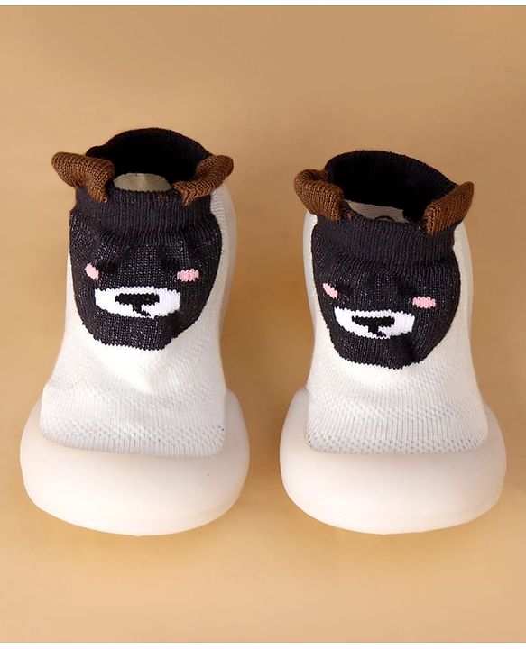 Cute Walk by Babyhug Slip On Sock Shoes With Animal Design & Applique - White
