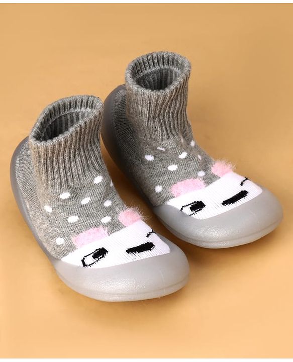 Cute Walk by Babyhug Slip On Sock Shoes with Polka Dot Design - Grey & White