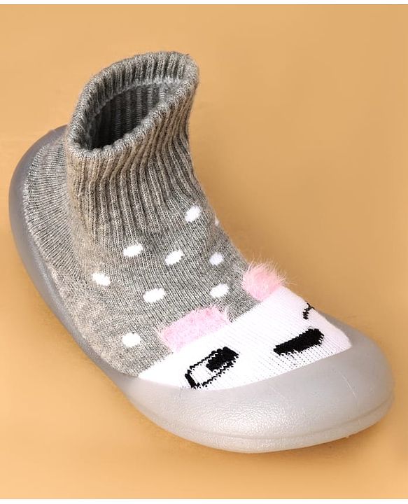Cute Walk by Babyhug Slip On Sock Shoes with Polka Dot Design - Grey & White