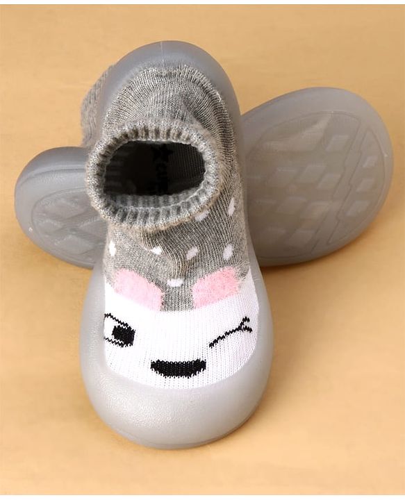 Cute Walk by Babyhug Slip On Sock Shoes with Polka Dot Design - Grey & White