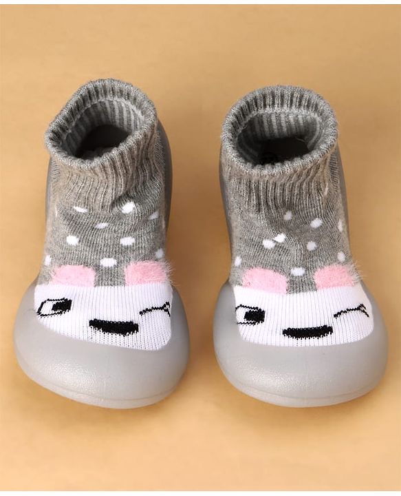 Cute Walk by Babyhug Slip On Sock Shoes with Polka Dot Design - Grey & White