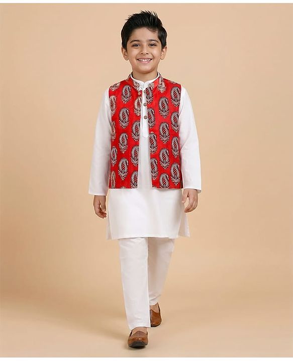 Pine Kids Cotton Woven Full Sleeves Kurta Pajama with Jacket & Motif Print - Maroon