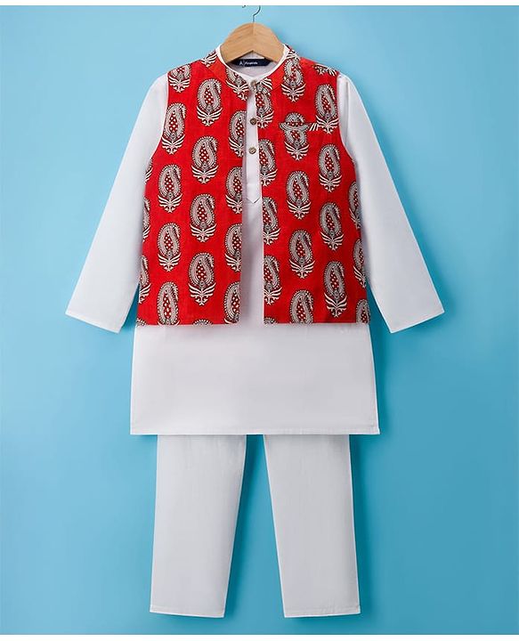 Pine Kids Cotton Woven Full Sleeves Kurta Pajama with Jacket & Motif Print - Maroon