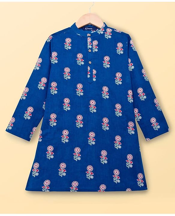 Pine Kids Cotton Woven Full Sleeves Kurta Pajama Set WIth Floral Print - Navy Blue