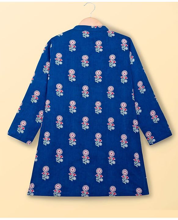 Pine Kids Cotton Woven Full Sleeves Kurta Pajama Set WIth Floral Print - Navy Blue