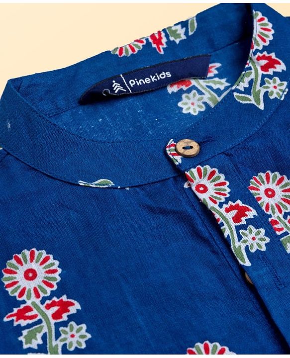 Pine Kids Cotton Woven Full Sleeves Kurta Pajama Set WIth Floral Print - Navy Blue
