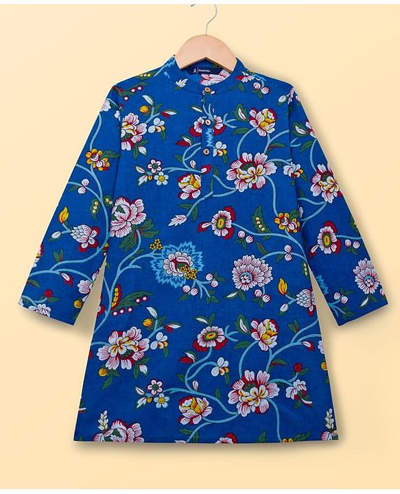 Pine Kids Cotton Woven Full Sleeves Floral Printed Kurta Pajama Set - Blue