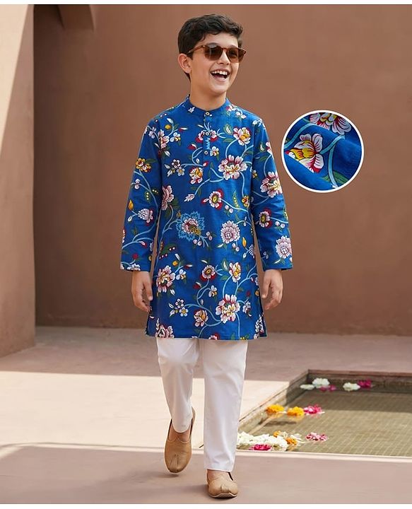 Pine Kids Cotton Woven Full Sleeves Floral Printed Kurta Pajama Set - Blue