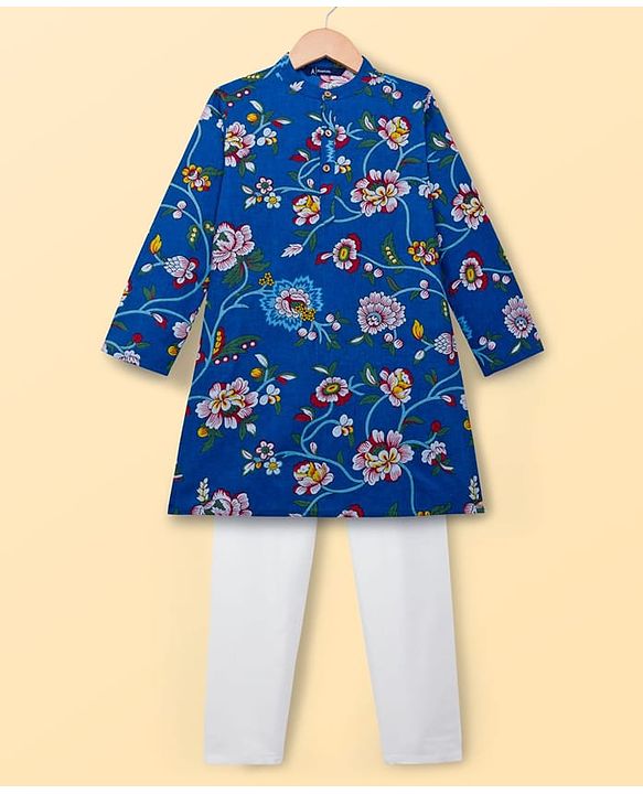Pine Kids Cotton Woven Full Sleeves Floral Printed Kurta Pajama Set - Blue