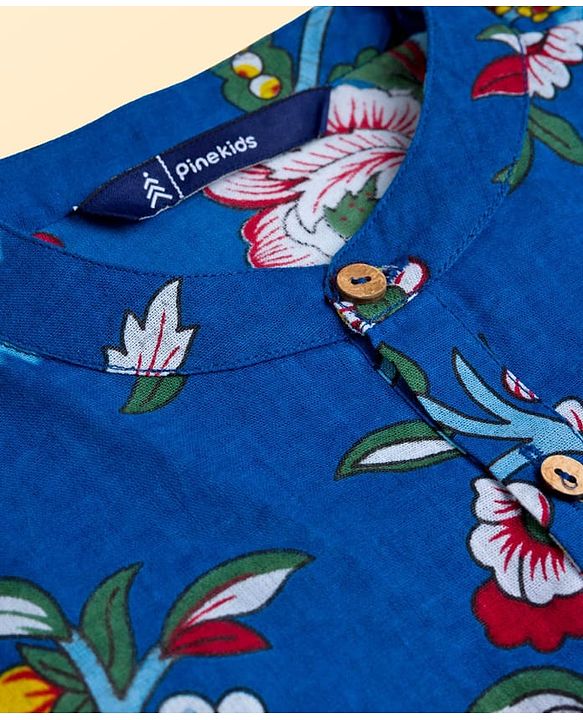 Pine Kids Cotton Woven Full Sleeves Floral Printed Kurta Pajama Set - Blue
