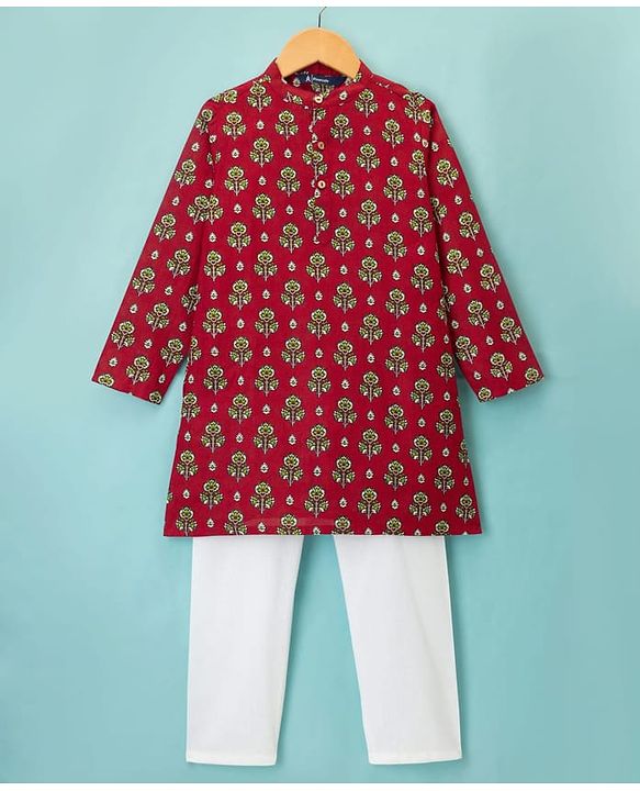 Pine Kids Cotton Woven Full Sleeves Kurta Pajama Set With Floral Print - Red