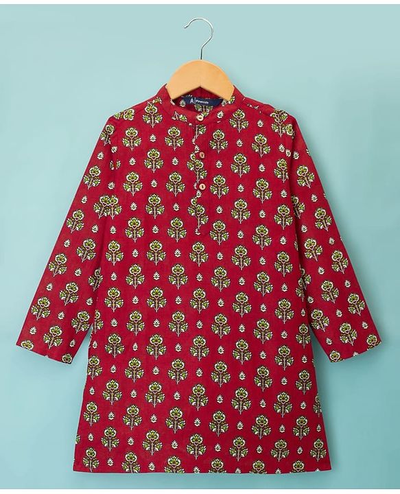 Pine Kids Cotton Woven Full Sleeves Kurta Pajama Set With Floral Print - Red